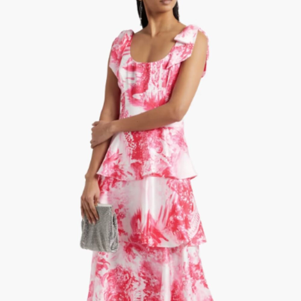 Marchesa Notte Pink & White Tiered Floral Satin Dress Midi